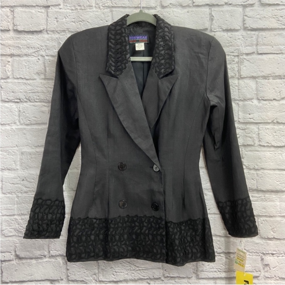 VTG Forwear New York Blazer Size 6 Shoulder Pad Embroidered 100% Linen Black NWT